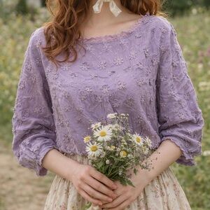 Vintage Lavender Daisy Embroidered Cottagecore Blouse Size S Whimsical Garden